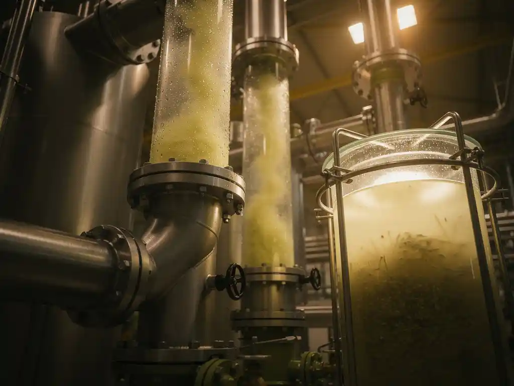 biogas-bioreactor-industrial-pipes.jpg Raw biogas flowing through industrial steel pipes into a bioreactor vessel, with sulfurous condensation on cold metal surfaces and bacterial culture visible in a glass chamber.