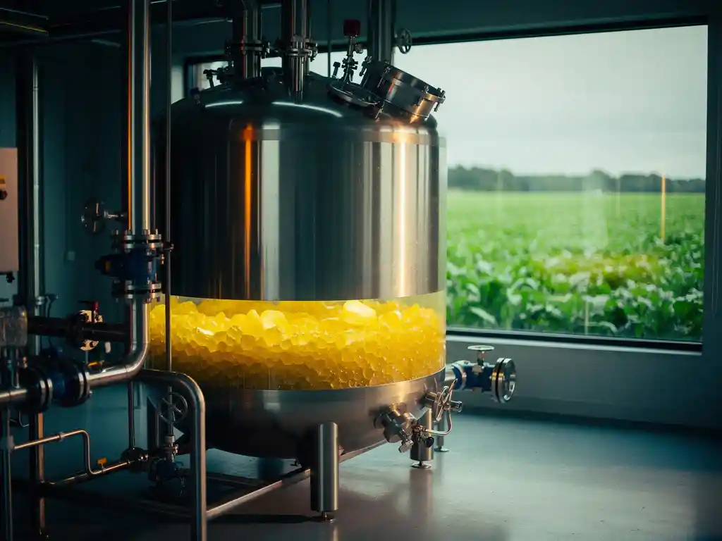 Bioreactor vessel processing biogas at an industrial facility, sulfur crystals at the base, green farmland visible through background window.