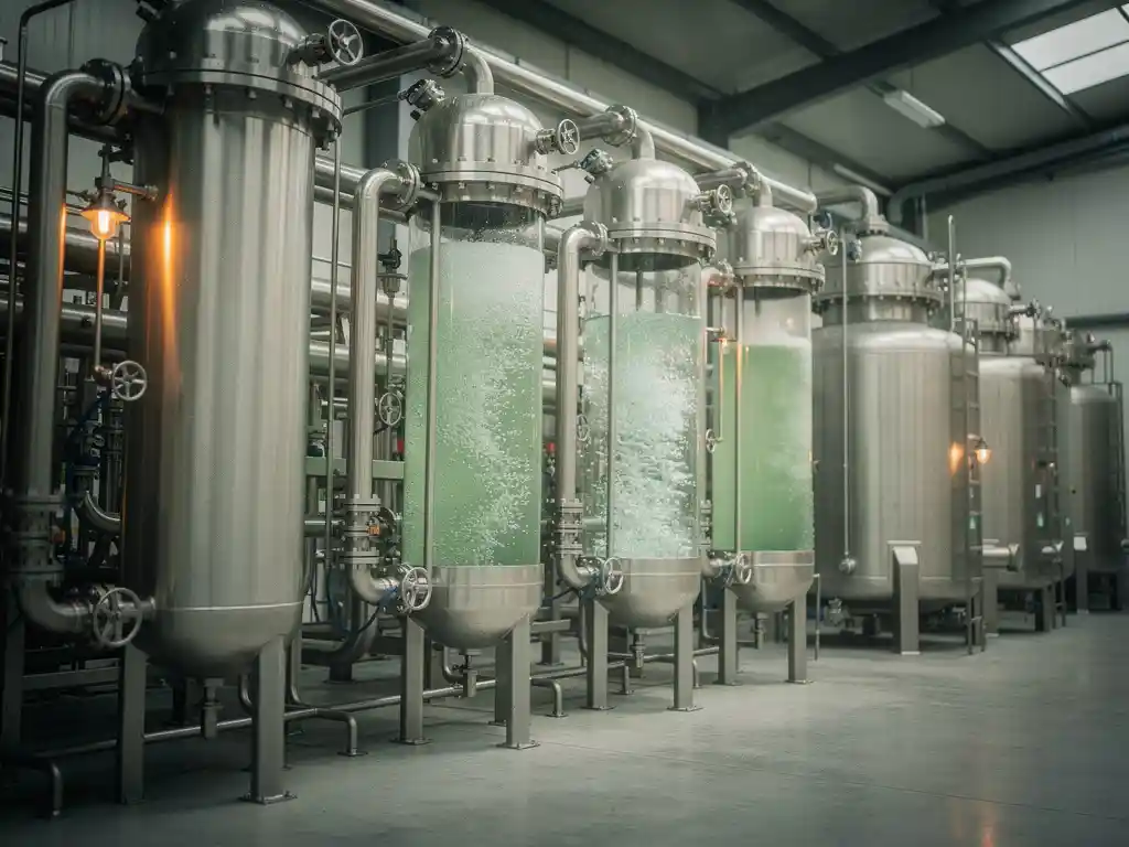 biogas-purification-membrane-industrial-processing.jpg Industrial biogas purification system with steel membrane modules and pressure vessels connected by pipes in a processing facility.