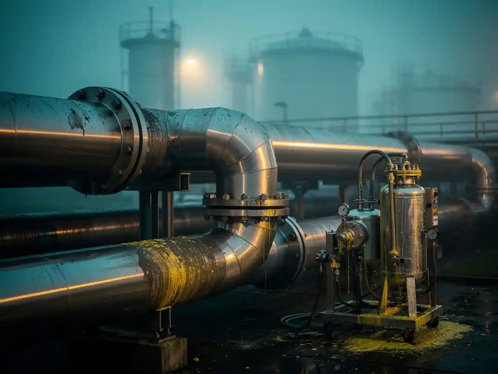 biogas-pipeline-purification-corrosion-removal.jpg Industrial biogas pipeline with corrosion and sulfur deposits being cleaned by a purification unit at a misty processing facility during dusk.