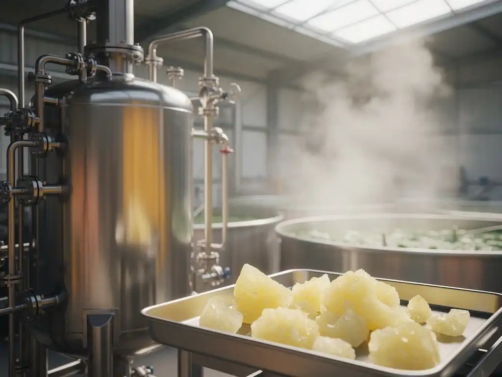 Industrial biogas purification vessel with pipes and valves, pale yellow sulfur crystals in a collection tray, mist rising from biological treatment tanks.