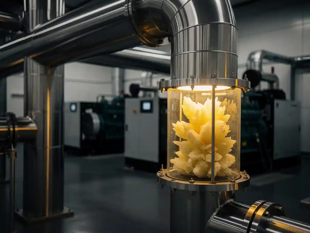 biogas-sulfur-removal-treatment-system.jpg Biogas desulfurization system with pale yellow sulfur crystals collecting in a glass chamber, steel pipes, and blurred CHP units in background.