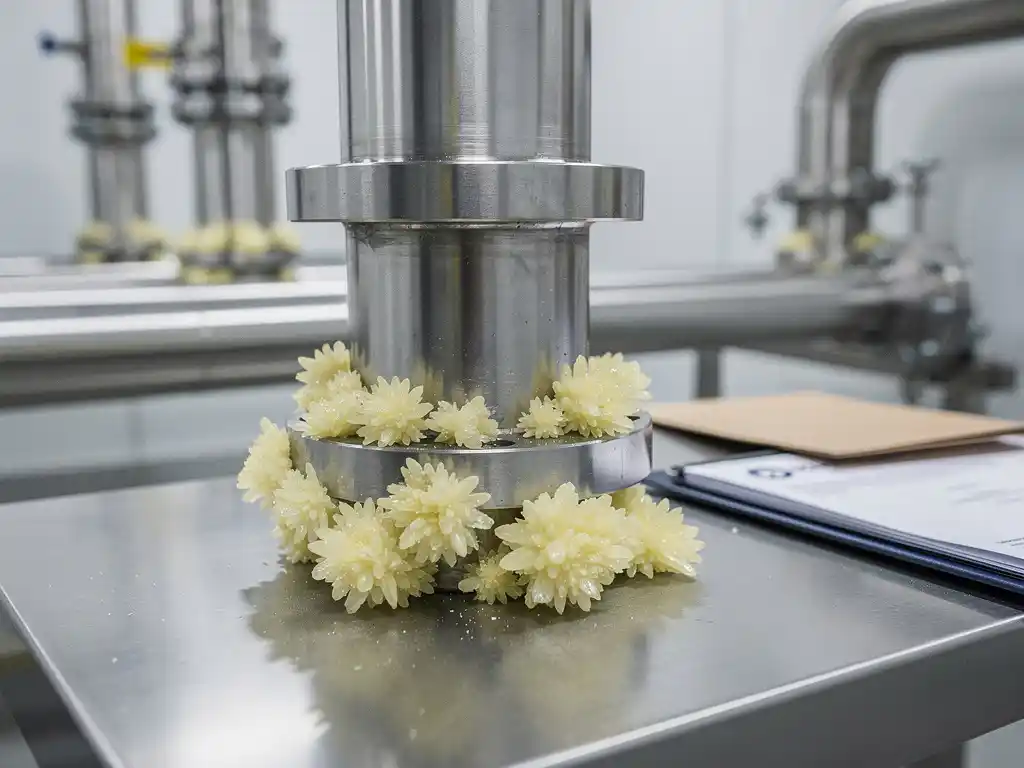 biomethane-pipeline-sulfur-deposits-industrial.jpg Stainless steel biomethane pipeline fitting with pale yellow sulfur crystal deposits in an industrial gas processing facility.