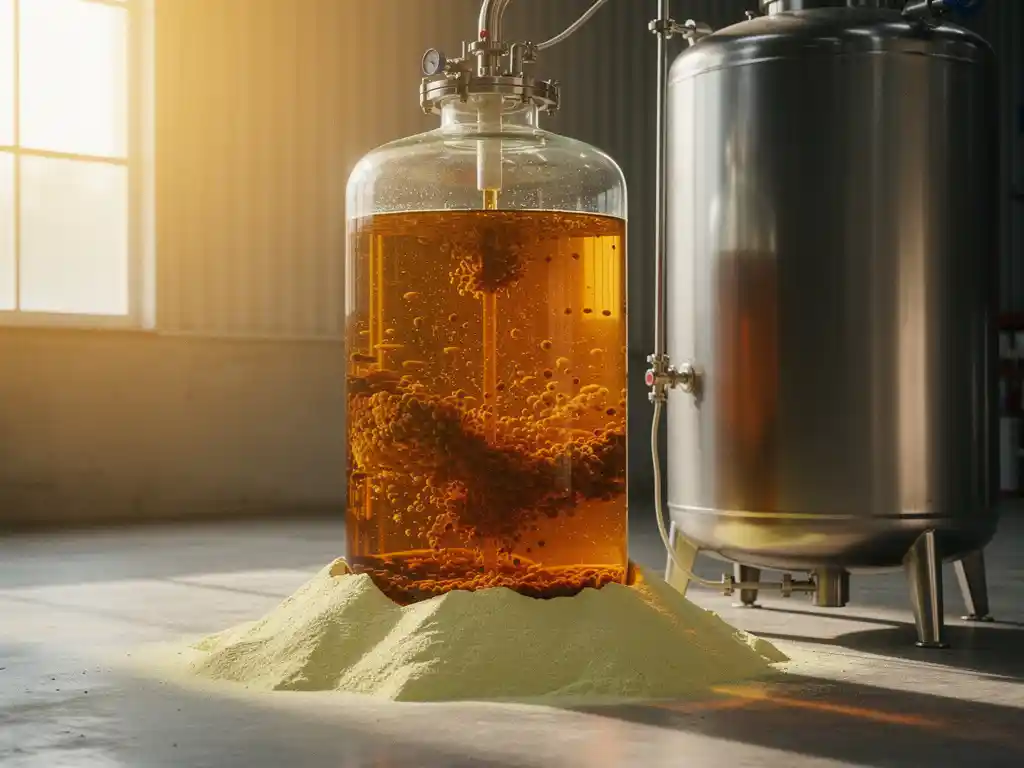 Glass bioreactor vessel with amber bacterial culture beside a steel chemical scrubber, pale sulfur powder at the base, industrial facility floor.