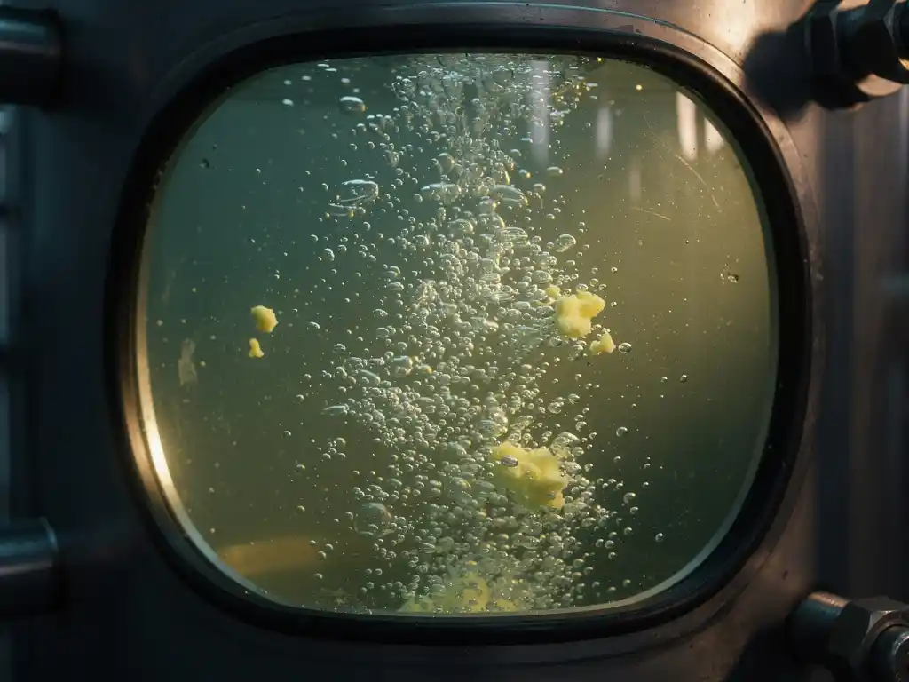 bioreactor-microbubbles-sulfur-particles-liquid.jpg Oxygen microbubbles rising through murky green-grey fluid in an industrial bioreactor, clustering around suspended sulfur particles visible through a glass inspection port.