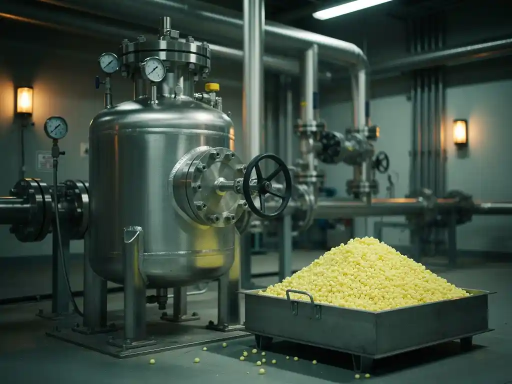 bioreactor-sour-gas-sulfur-processing.jpg Industrial bioreactor vessel processing sour gas on an oil facility, with clean sulfur pellets in a steel tray nearby.