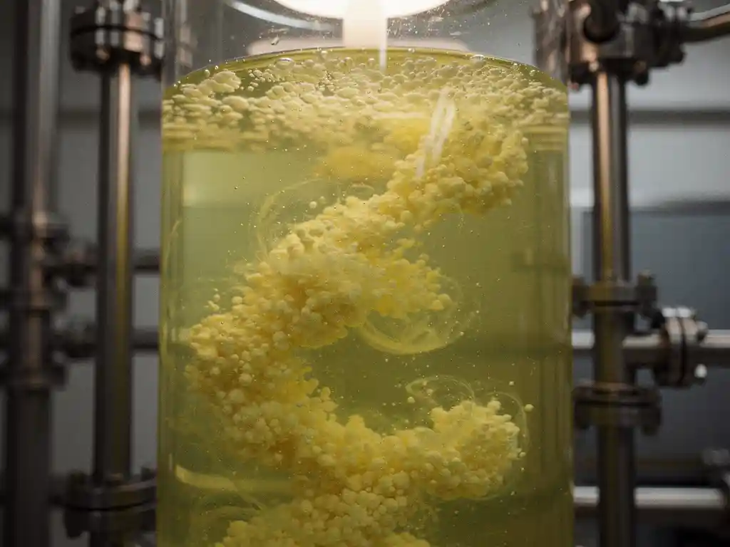 Glass bioreactor containing sulfur particles suspended in murky green fluid with active bacterial colonies, industrial steel pipework softly blurred behind.