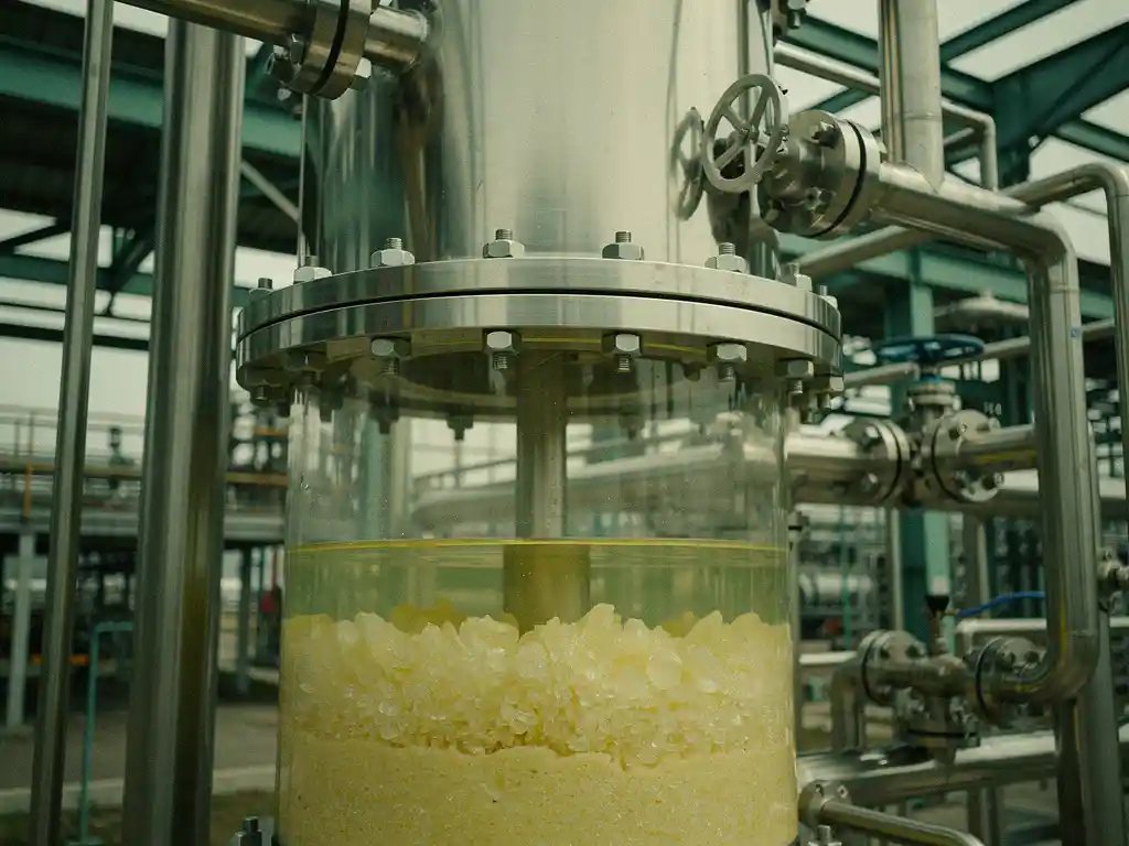 bioreactor-sulfur-removal-gas-processing.jpg Industrial bioreactor vessel at a gas processing facility with yellow sulfur crystals settling in a transparent collection chamber.