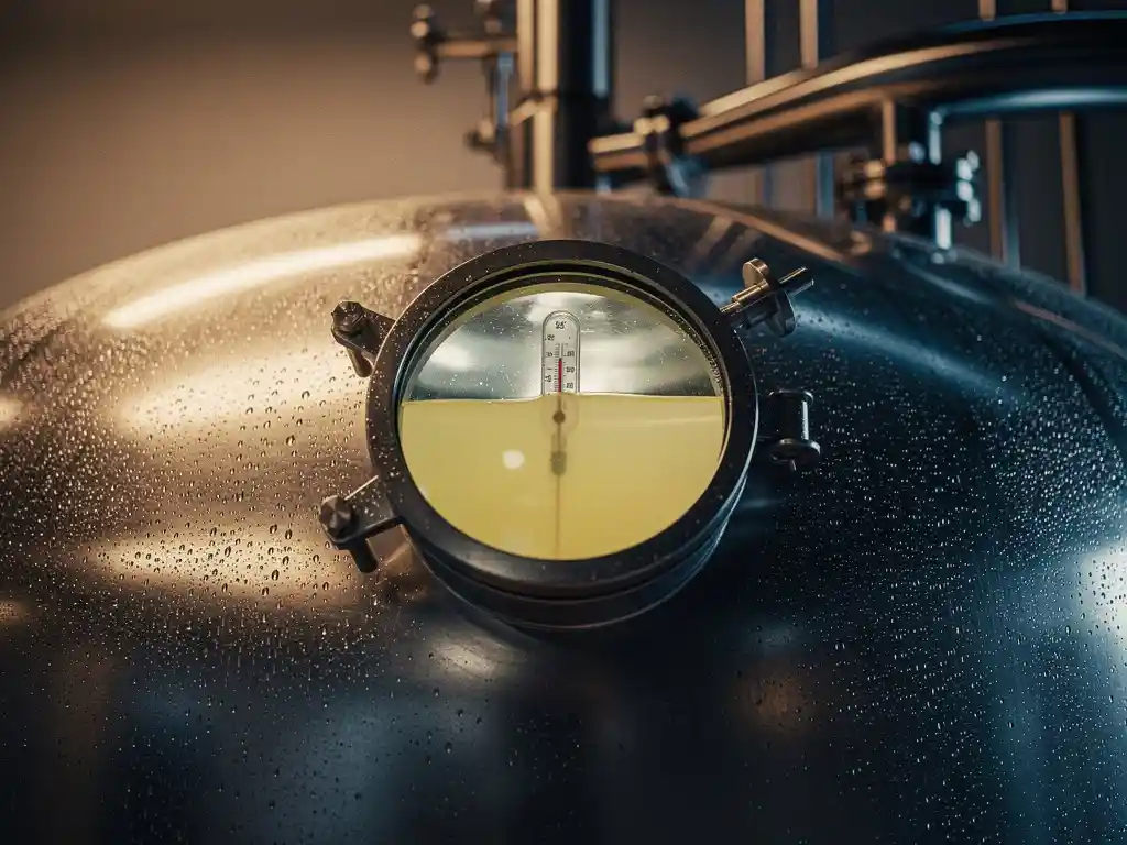 Industrial bioreactor vessel with condensation on steel surface, thermometer submerged in sulfur-yellow liquid visible through glass observation port.