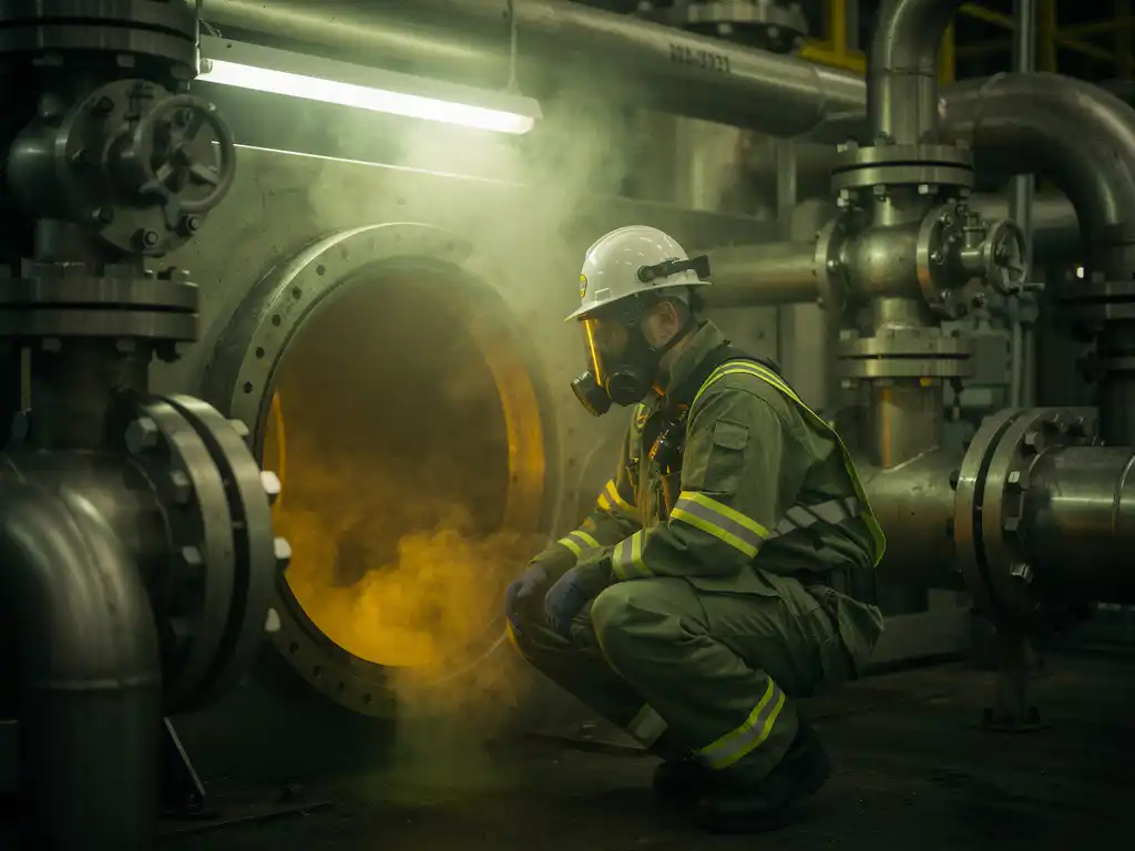 confined-space-worker-safety-hazard.jpg Industrial worker in protective gear crouching at a dark confined space hatch, yellowish hazardous vapor drifting from the steel pipeline opening.