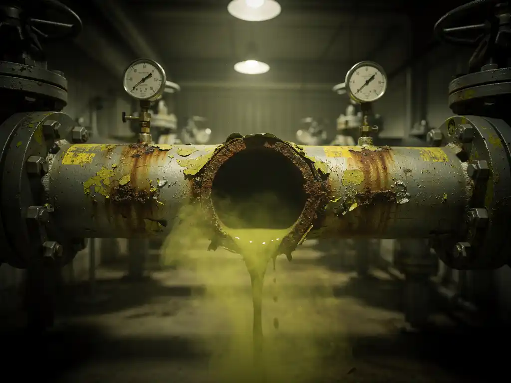 Corroded industrial pipe cross-section leaking sulfurous yellowish-green haze in a dimly lit gas processing facility with steel valves and pressure gauges.