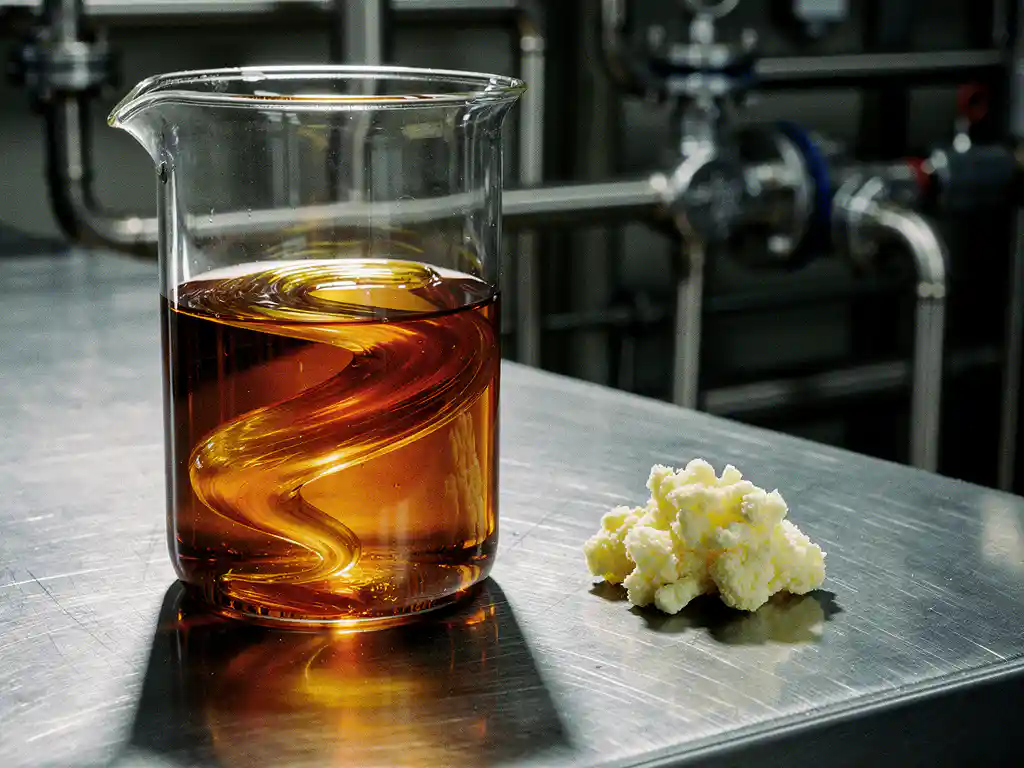 crude-oil-sulfur-crystals-refinery.jpg Amber crude oil swirling in a glass industrial vessel beside pale yellow sulfur crystals on a steel refinery workbench.