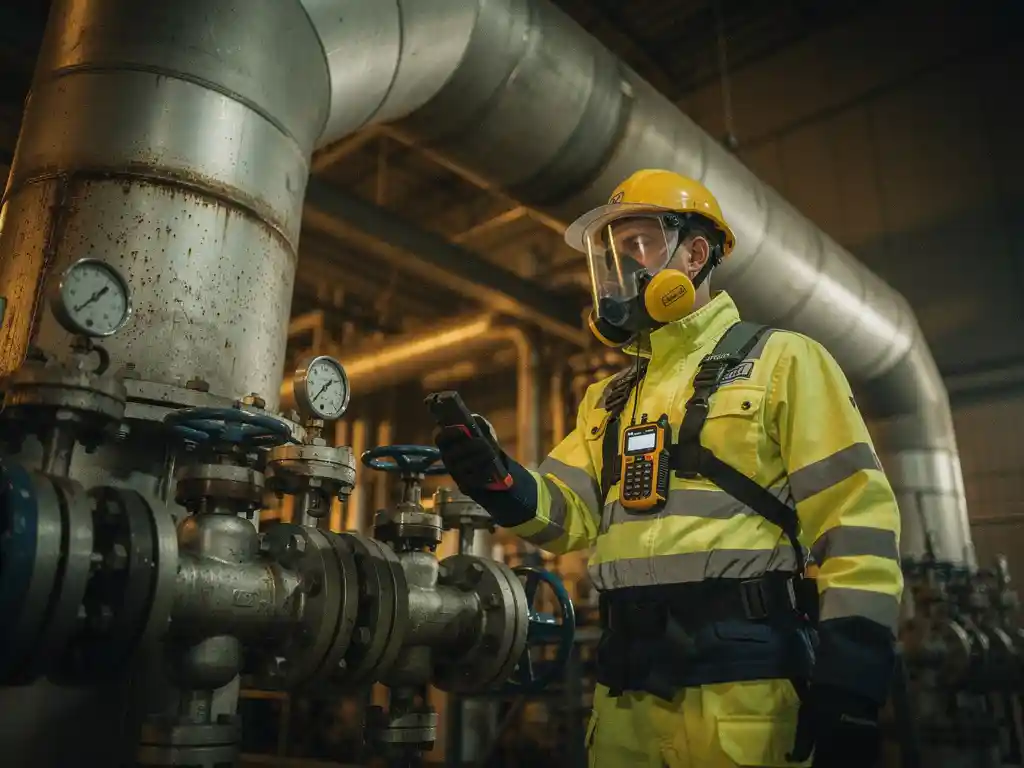 Engineer in full PPE inspecting industrial pipes and valve controls at a desulfurization unit, gas detector and yellow hard hat visible.