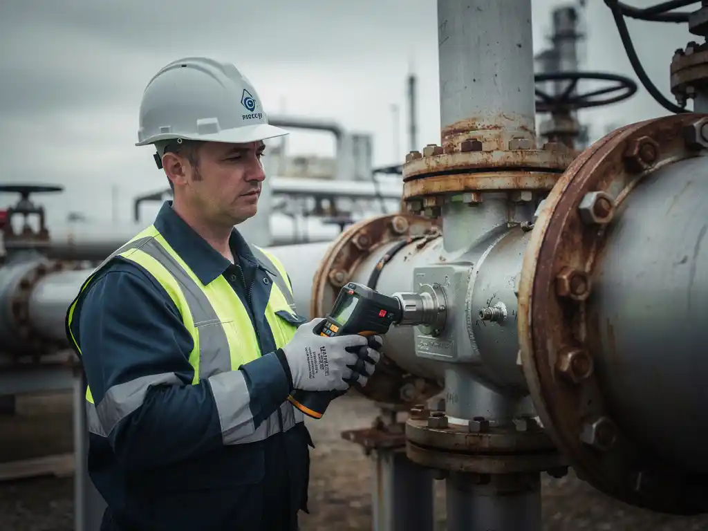 gas-leak-detection-field-technician-pipe.jpg Field technician scanning an industrial pipe fitting with a handheld gas detector at an oil and gas facility.