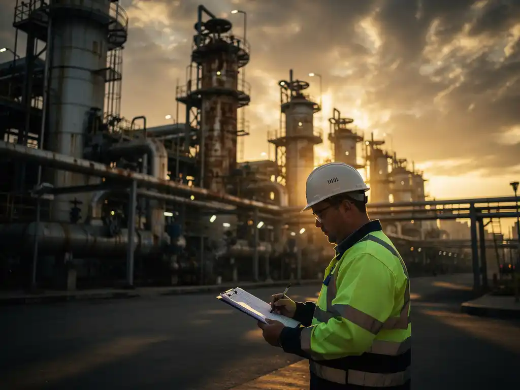 gas-processing-plant-technician-dusk.jpg Technician in hard hat reviewing process readings at a weathered gas processing plant during golden hour, steel pipes and pressure vessels backlit by amber sky.