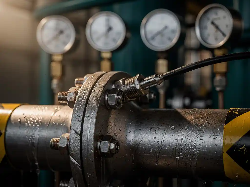 gas-sensor-probe-pipeline-industrial.jpg Industrial gas sensor probe inserted into a steel pipeline fitting at an oil and gas facility, with pressure gauges visible in the background.
