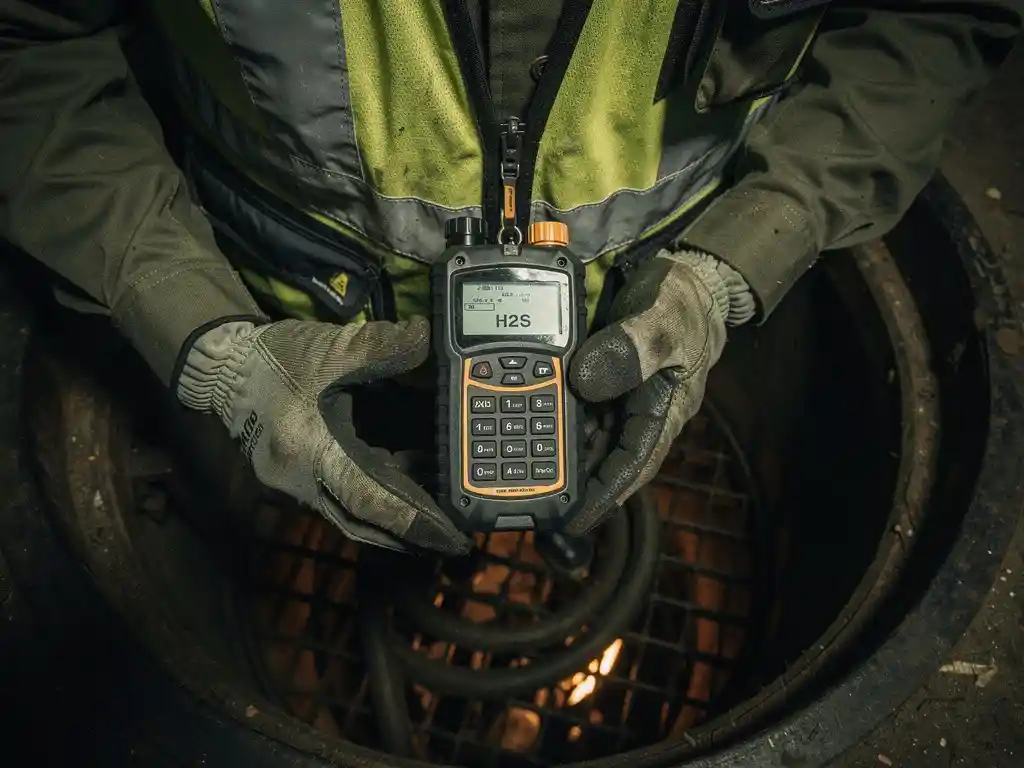 h2s-gas-detector-confined-space-safety.jpg H2S gas detector clipped to a safety vest held by gloved hands at a dark industrial confined space manhole entrance.