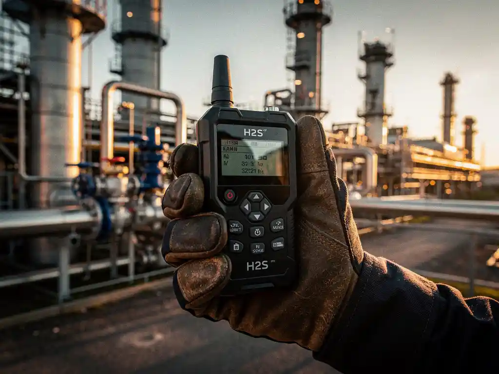 hydrogen-sulfide-detector-refinery-safety.jpg H2S gas detector held in a gloved hand at an oil refinery, with steel pipes and processing towers blurred in golden afternoon light.