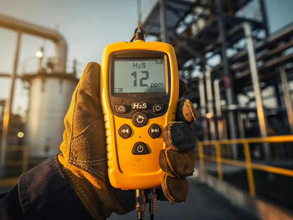 Worker's gloved hand holding a yellow H2S gas detector at a gas processing facility with steel pipes and pressure vessels in the background.