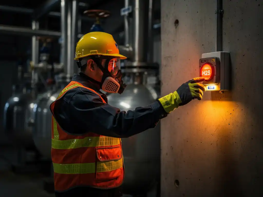 Worker in PPE checking a wall-mounted H2S gas detector alarm panel inside an industrial facility with pipes and pressure vessels.