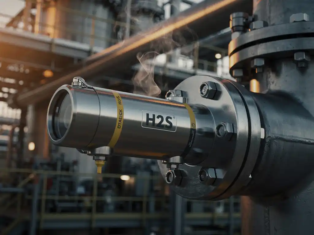 H2S gas sensor probe mounted on an industrial steel pipe at an oil and gas facility, with vapor rising around metal flanges.