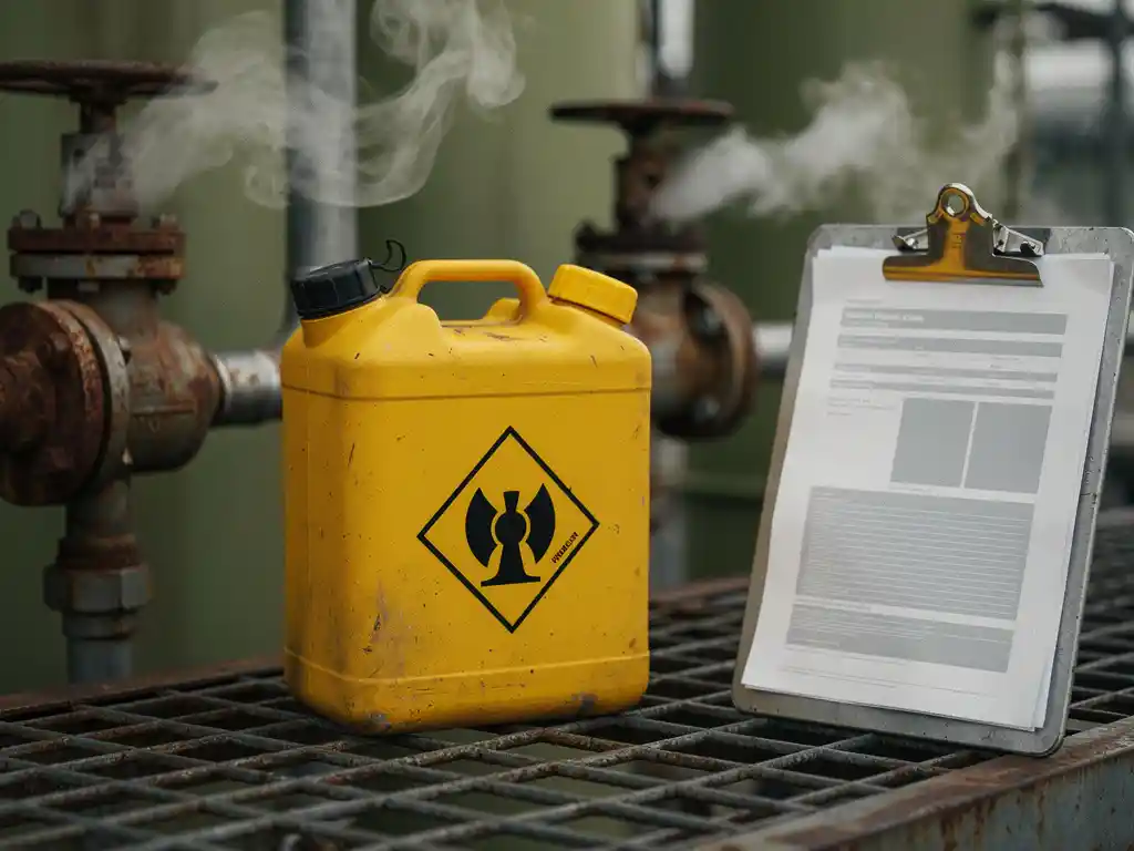 hazmat-canister-industrial-safety-vapor.jpg Yellow hazmat canister with caution symbol on steel grate at gas processing facility, vapor near corroded pipes, safety data sheet on clipboard.