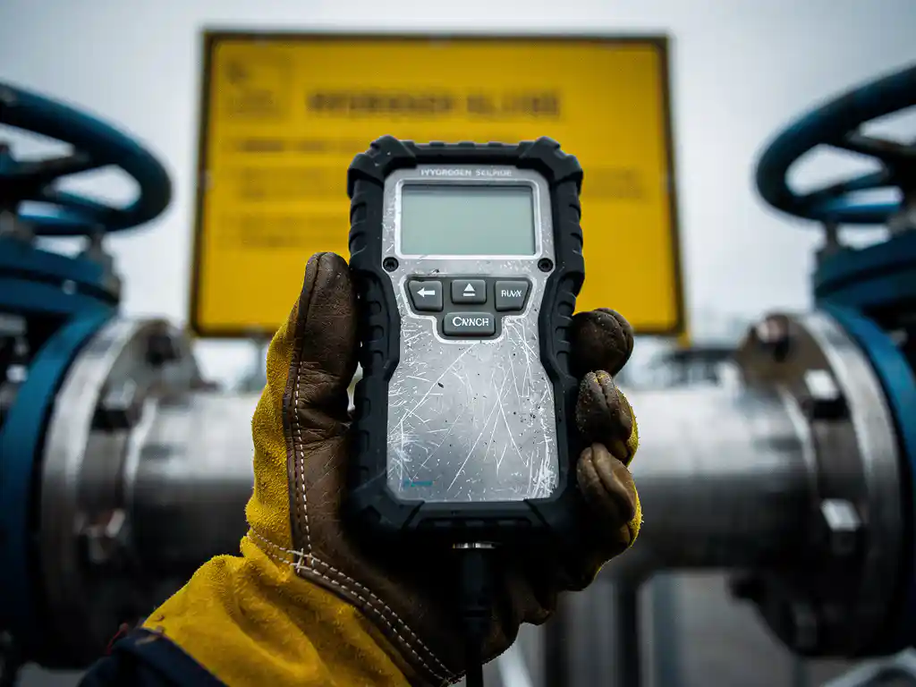 hydrogen-sulfide-detector-industrial-safety.jpg Gloved hand holding a hydrogen sulfide detector at an industrial gas processing site with yellow warning signs and steel pipes in the background.