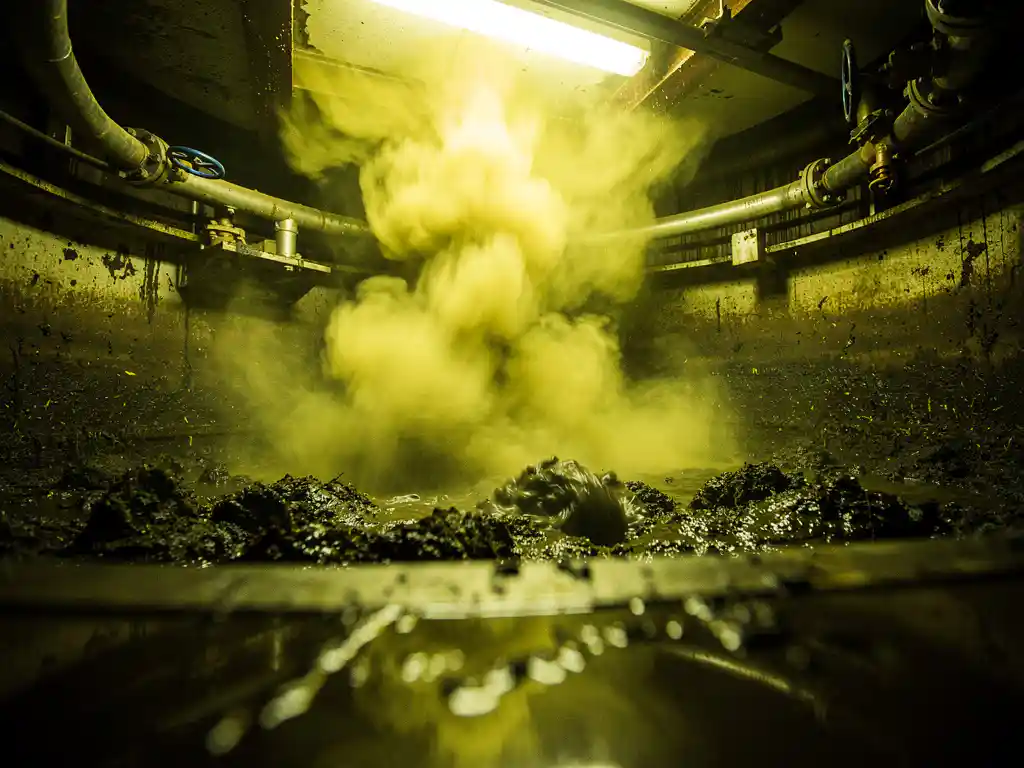 hydrogen-sulfide-biogas-reactor-fermenting.jpg Hydrogen sulfide gas rising from fermenting biomass slurry inside an industrial biogas reactor, with moisture-covered pipes under sodium lighting.