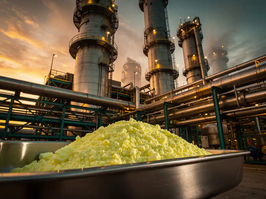 sulfur-recovery-desulfurization-industrial-unit.jpg Industrial desulfurization unit at dusk with sulfur recovery vessels lit by amber light and pale yellow sulfur granules in a steel tray foreground.