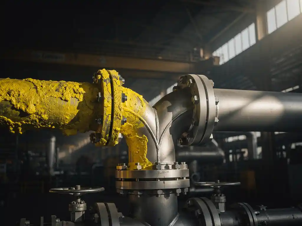 Industrial gas treatment pipe manifold splitting into two pathways, one coated in yellow sulfur residue, inside a steel processing facility.