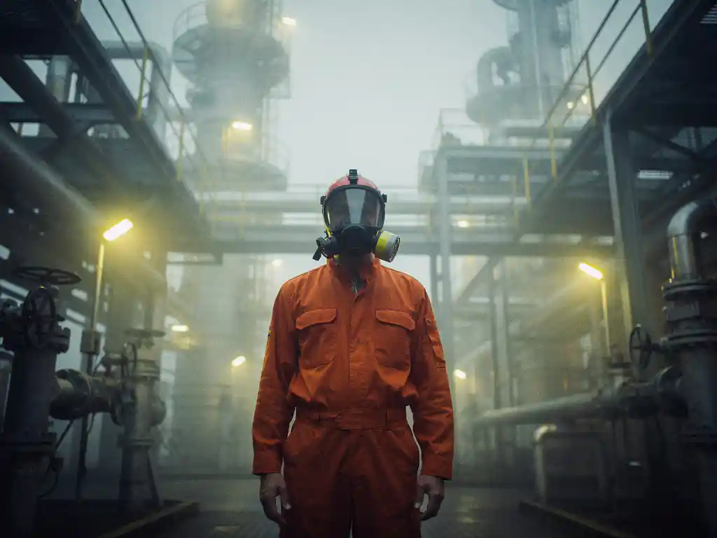 gas-leak-worker-industrial-hazard.jpg Worker in orange coveralls and full-face respirator standing amid dense haze in a gas processing facility with yellow warning lights and steel pipework.