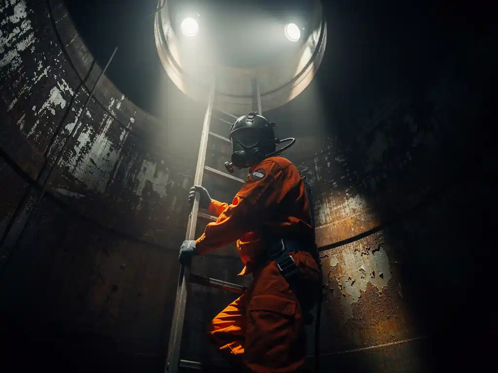 confined-space-hazmat-worker-tank.jpg Worker in orange hazmat suit and full-face respirator descending into a dark corroded storage tank under harsh safety lighting.