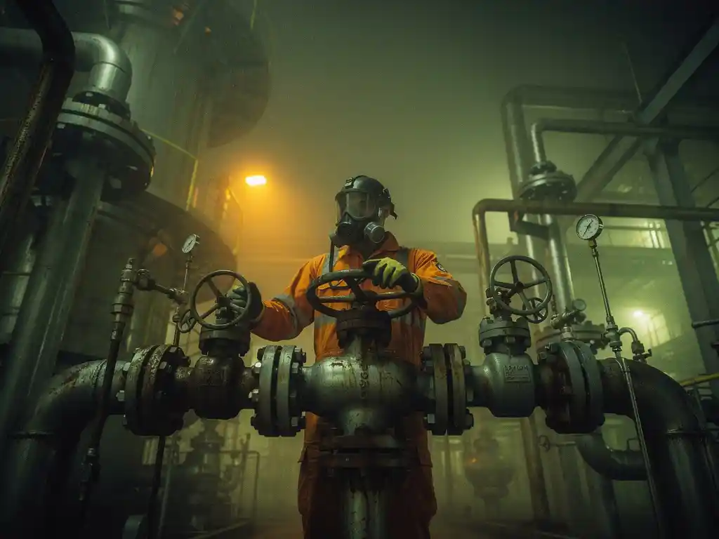 pipeline-worker-respirator-refinery-hazard.jpg Industrial worker in respirator and orange safety suit inspecting a gas pipeline valve amid misty oil refinery pipes and pressure gauges.