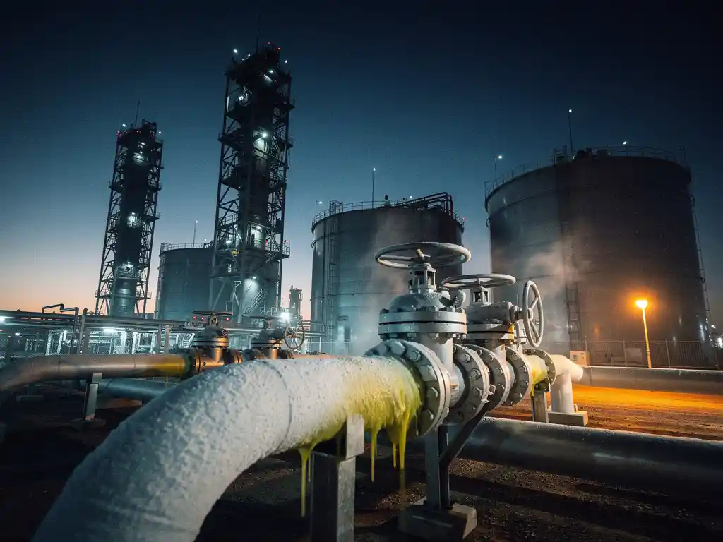 lng-liquefaction-facility-industrial-dusk.jpg LNG liquefaction facility at dusk with frost-coated pipes, steel processing towers, and cylindrical storage tanks lit by amber and blue industrial lighting.