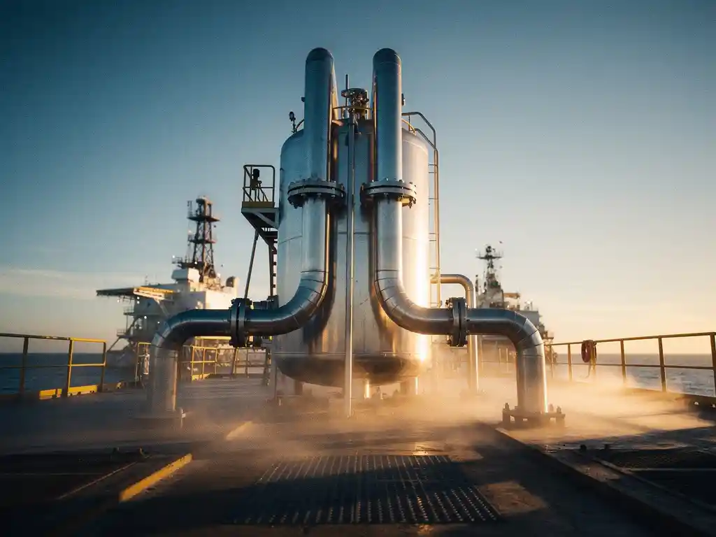 Industrial gas processing vessel on offshore oil platform deck with dual pipe systems merging, hydrogen sulfide vapor dissipating at golden hour.