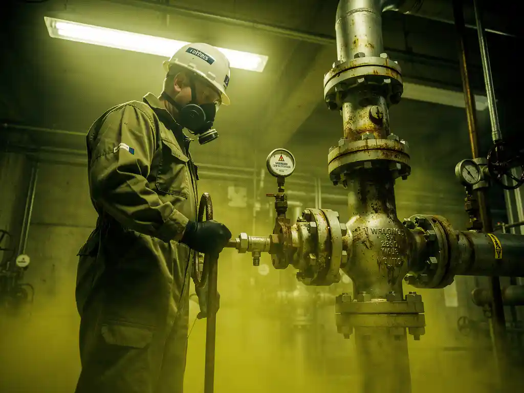 oil-gas-worker-pipeline-refinery.jpg Oil and gas worker in protective gear inspecting a corroded pipeline valve amid yellowish chemical haze on a refinery floor.