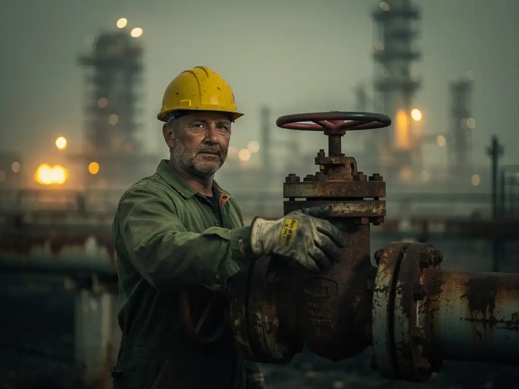 oil-gas-worker-pipeline-refinery.jpg Oil and gas worker in yellow hard hat resting hand on corroded pipeline valve at a hazy refinery.