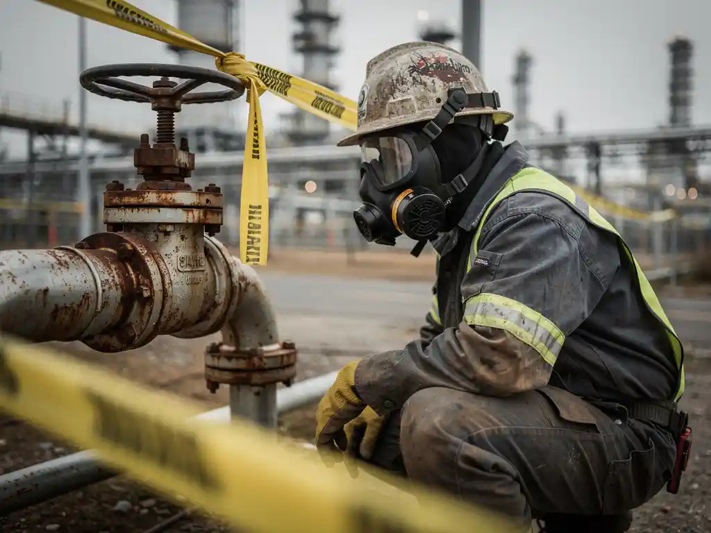 Worker in gas mask and protective gear inspecting an oil refinery pipeline valve, yellow hazard tape visible nearby.