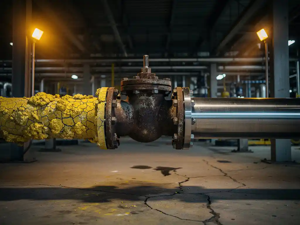 pipeline-valve-industrial-sulfur-steel.jpg Weathered pipeline valve splitting into two paths in a gas facility, one pipe with sulfur deposits, the other clean stainless steel, under amber sodium lighting.