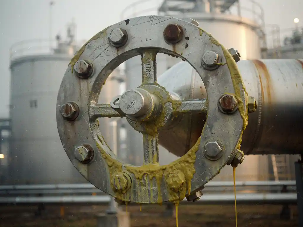 pipeline-valve-sulfur-deposits-industrial.jpg Weathered steel pipeline valve coated in sulfur-yellow mineral deposits at a natural gas processing facility, with misty cylindrical tanks in the background.
