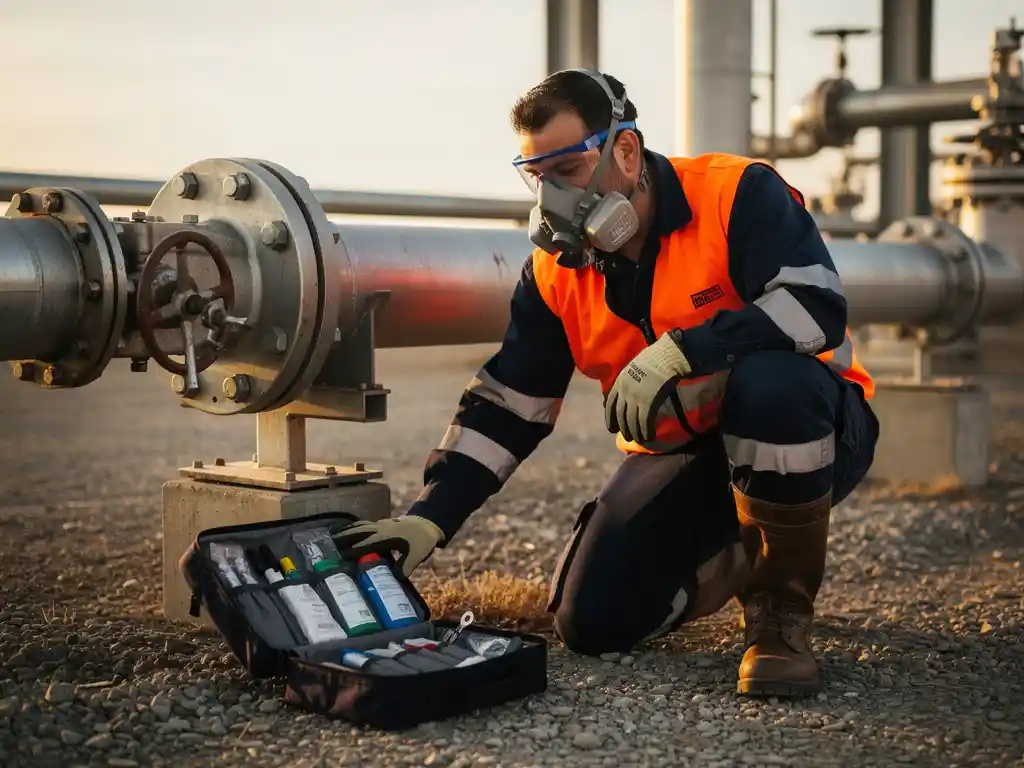 Field worker in respirator mask and orange safety vest crouching beside an industrial gas pipeline valve, first aid kit open nearby.