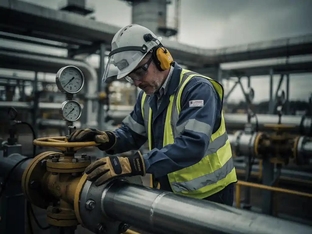 refinery-worker-dizziness-industrial-hazard.jpg Refinery worker in protective gear gripping a yellow valve on a gas processing platform, head bowed in apparent dizziness amid steel pipework.