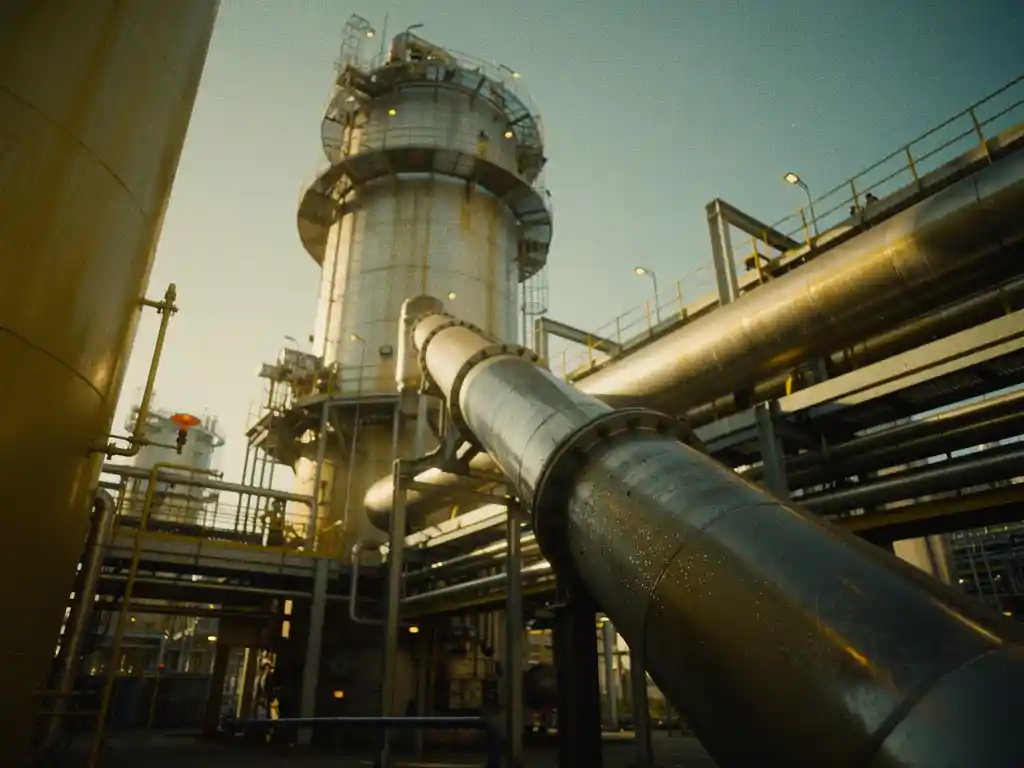 sour-gas-absorption-tower-refinery.jpg Industrial absorption tower at a natural gas refinery receiving sour gas through steel pipelines, bathed in golden late-afternoon light.