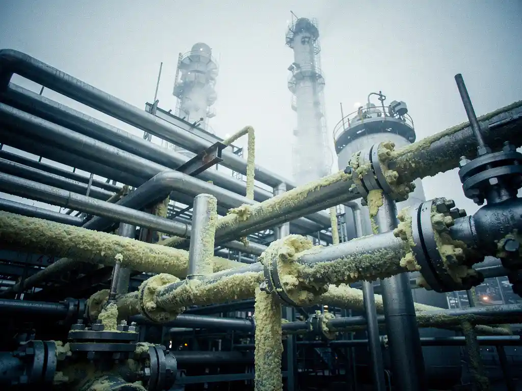 Sour gas processing facility with steel pipes, pressure vessels, and pale yellow sulfur crystal buildup on valve fittings under overcast industrial lighting.