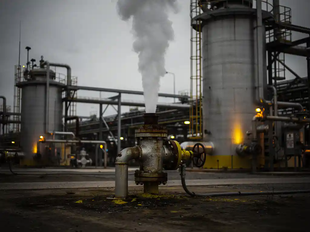 sour-gas-wellhead-industrial-plume.jpg Dense plume of raw sour gas venting from a weathered steel wellhead at an industrial gas processing facility with cylindrical treatment vessels.