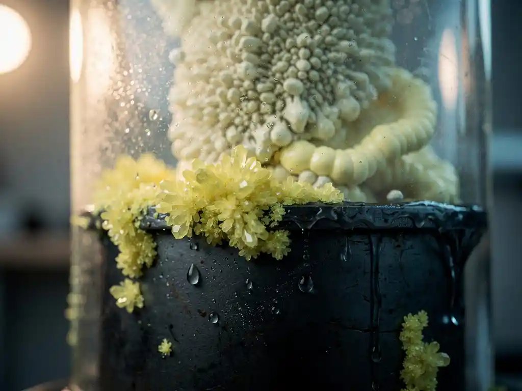 Pale yellow sulfur crystals forming on a dark bioreactor pipe, with water condensation and pale biofilm bacteria colonies visible through a glass vessel wall.