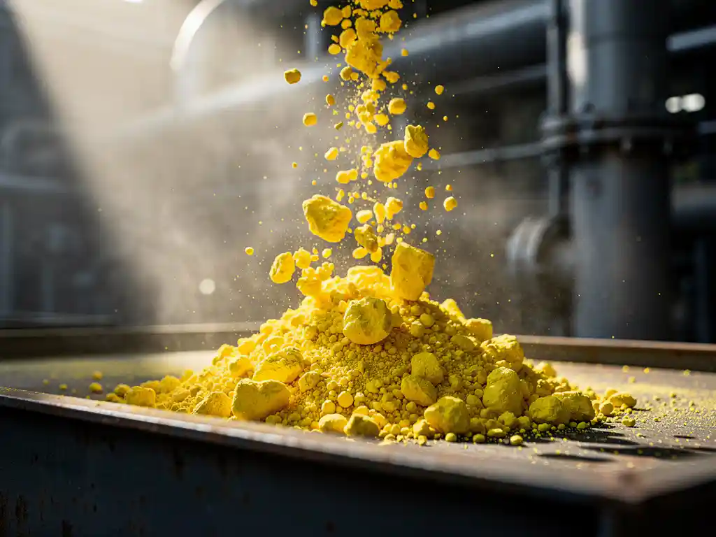 sulfur-granules-industrial-processing-facility.jpg Bright yellow elemental sulfur granules cascading onto a dark industrial surface inside a gas processing facility.
