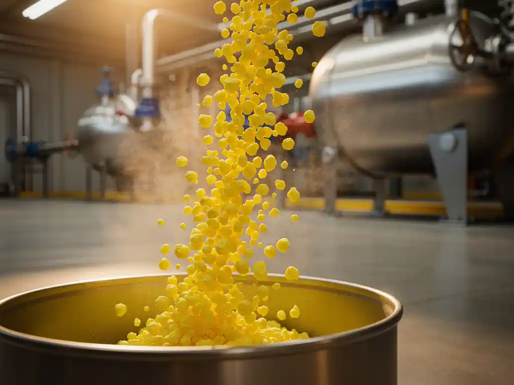 sulfur-granules-gas-processing-industrial.jpg Bright yellow sulfur granules cascading into a collection vessel at a natural gas processing facility, steel pipes visible in the background.