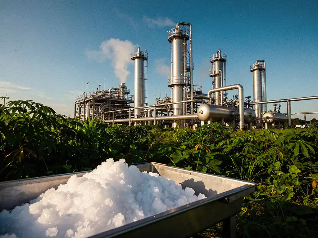 sulfur-processing-industrial-plant-green.jpg Industrial gas processing unit surrounded by green vegetation, with white sulfur crystals in a steel tray foreground under midday sunlight.