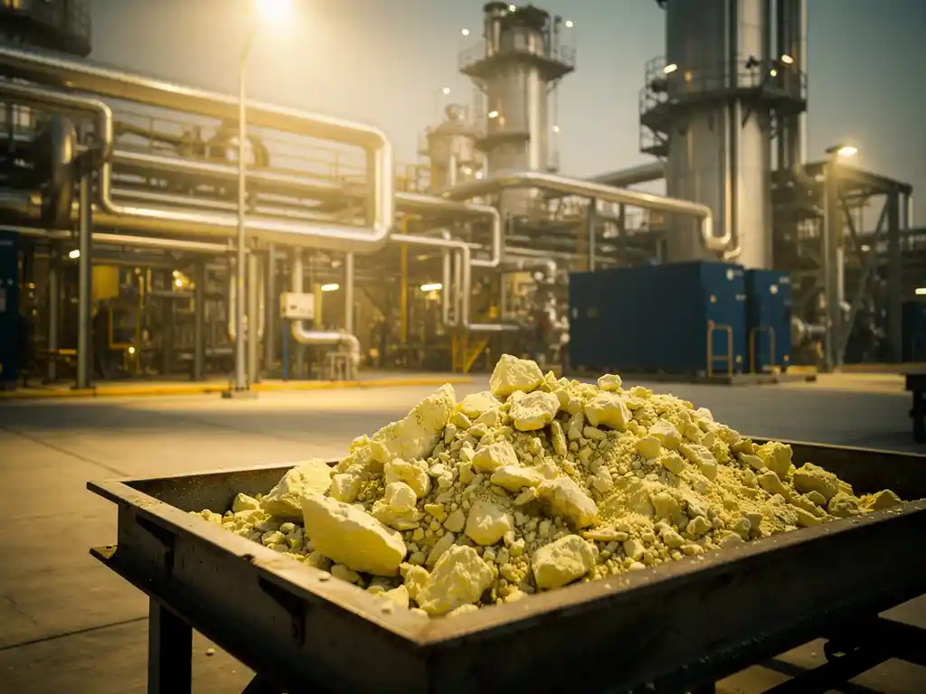 sulfur-recovery-unit-gas-processing.jpg Sulfur recovery unit at a gas processing facility with pale yellow sulfur crystals in a steel tray, pipes and reactor vessels in background.